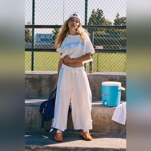 FP Movement by Free People White and Blue Wide Leg Pants